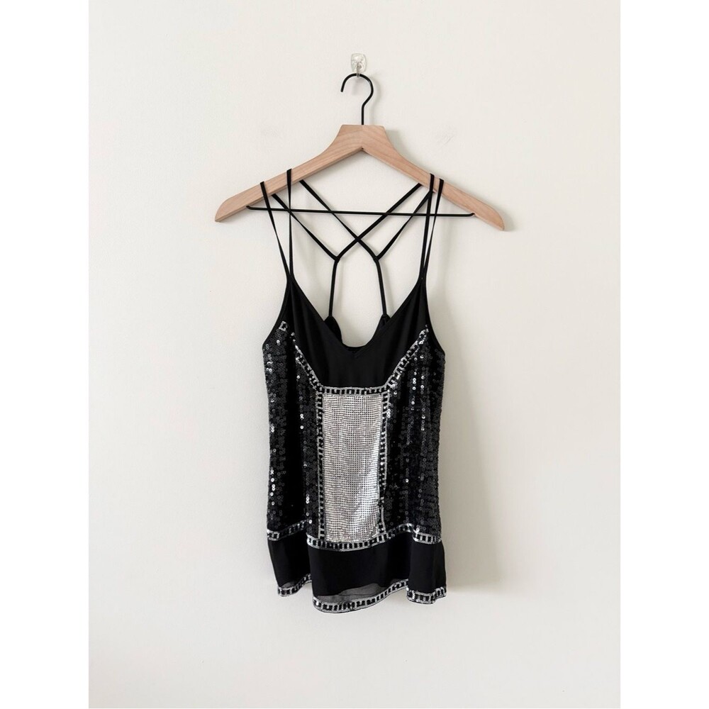 Express Black Sequin Strappy Tank Top with Silver Detail Size XS